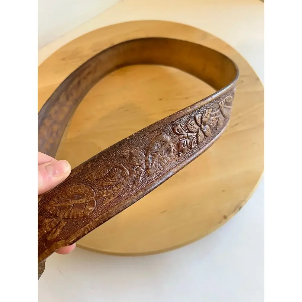 Vintage Brown Tooled Floral Western Wooden Carved Buckle Belt Size Medium